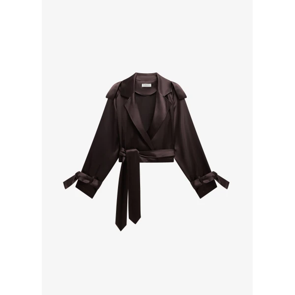 The Frankie Shop Simona Satin Short Trench - Dark Brown - Oversized Minimalist Shorts in Brown - Shop at Luxury Shoes 