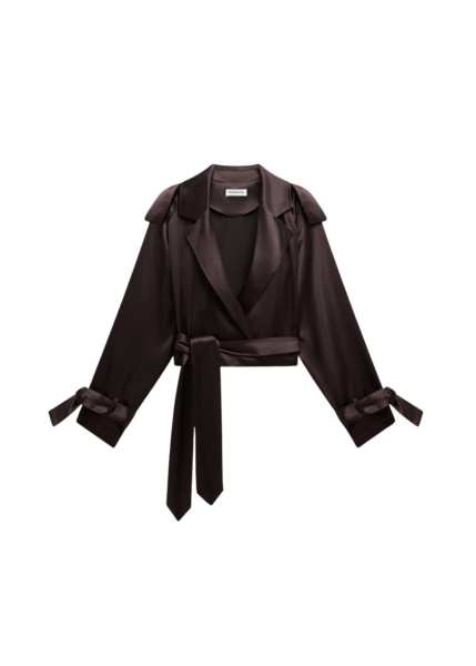 The Frankie Shop Simona Satin Short Trench - Dark Brown - Oversized Minimalist Shorts in Brown - Shop at Luxury Shoes 