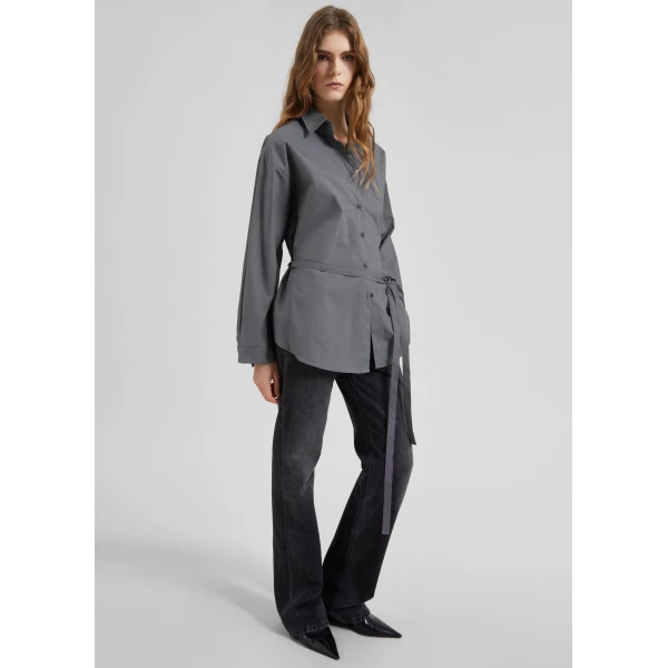 The Frankie Shop Skara Belted Shirt - Slate Grey - Oversized Minimalist Tops in Grey - Shop at Luxury Shoes 
