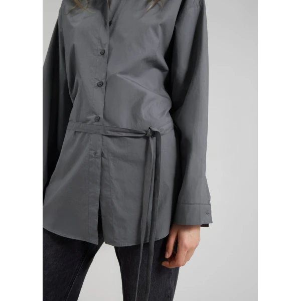 The Frankie Shop Skara Belted Shirt - Slate Grey - Oversized Minimalist Tops in Grey - Shop at Luxury Shoes 