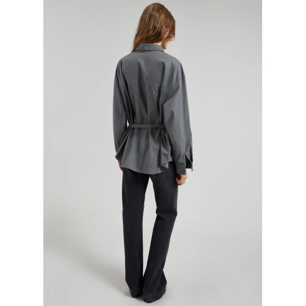 The Frankie Shop Skara Belted Shirt - Slate Grey - Oversized Minimalist Tops in Grey - Shop at Luxury Shoes 