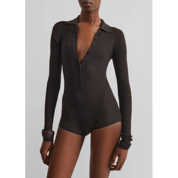 The Frankie Shop Solana Polo Bodysuit - Brown - Oversized Minimalist Bodysuit in Brown - Shop at Luxury Shoes 