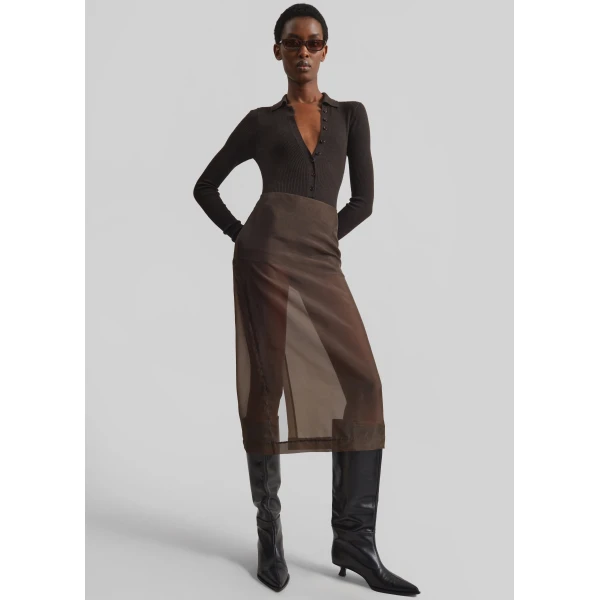 The Frankie Shop Solana Polo Bodysuit - Brown - Oversized Minimalist Bodysuit in Brown - Shop at Luxury Shoes 