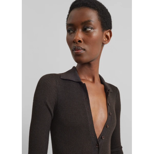 The Frankie Shop Solana Polo Bodysuit - Brown - Oversized Minimalist Bodysuit in Brown - Shop at Luxury Shoes 