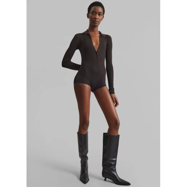 The Frankie Shop Solana Polo Bodysuit - Brown - Oversized Minimalist Bodysuit in Brown - Shop at Luxury Shoes 