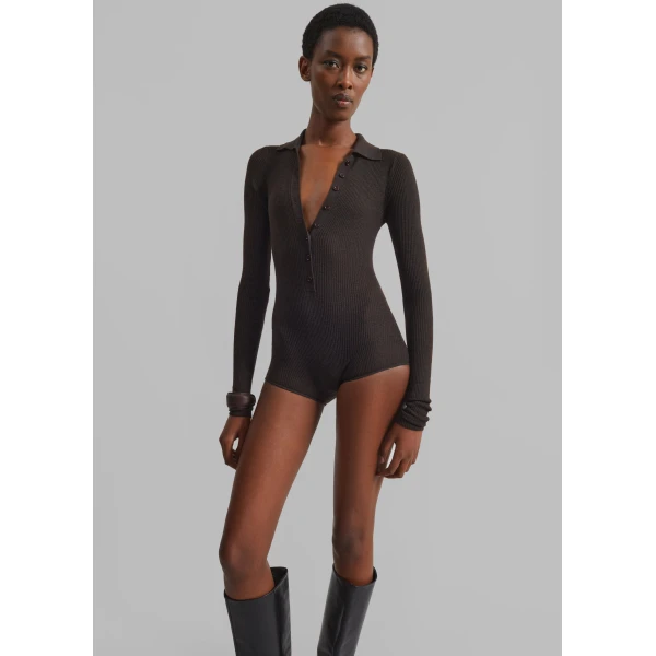 The Frankie Shop Solana Polo Bodysuit - Brown - Oversized Minimalist Bodysuit in Brown - Shop at Luxury Shoes 