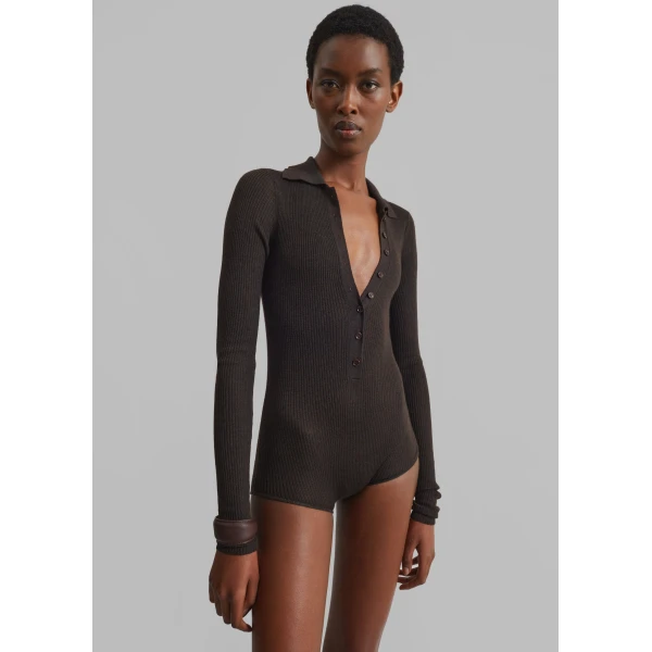 The Frankie Shop Solana Polo Bodysuit - Brown - Oversized Minimalist Bodysuit in Brown - Shop at Luxury Shoes 