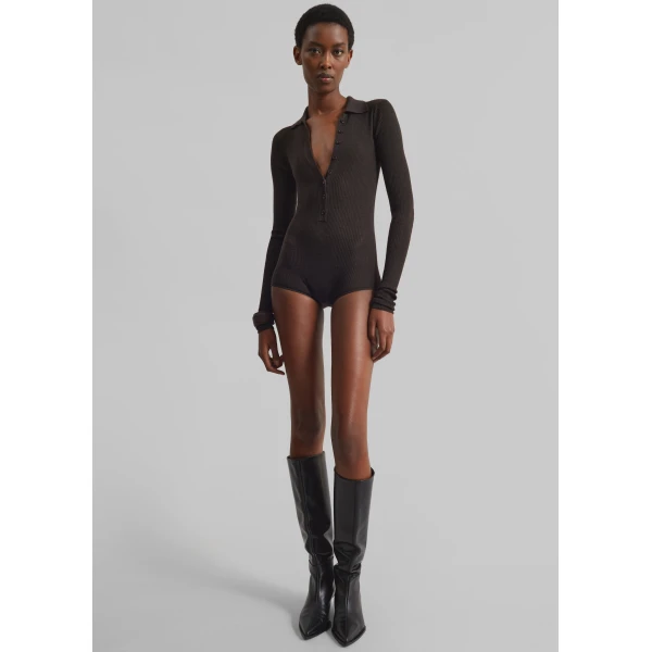The Frankie Shop Solana Polo Bodysuit - Brown - Oversized Minimalist Bodysuit in Brown - Shop at Luxury Shoes 