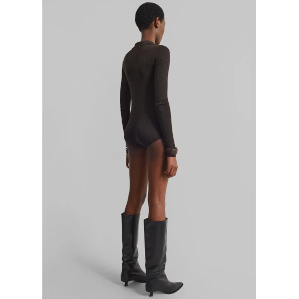 The Frankie Shop Solana Polo Bodysuit - Brown - Oversized Minimalist Bodysuit in Brown - Shop at Luxury Shoes 