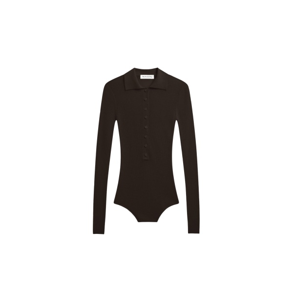 The Frankie Shop Solana Polo Bodysuit - Brown - Oversized Minimalist Bodysuit in Brown - Shop at Luxury Shoes 