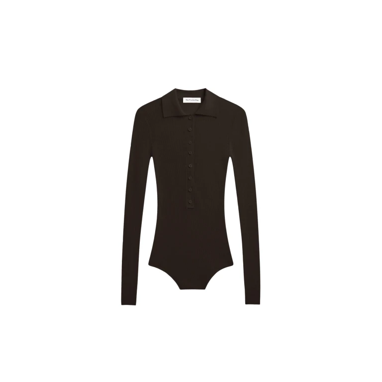 The Frankie Shop Solana Polo Bodysuit - Brown - Oversized Minimalist Bodysuit in Brown - Shop at Luxury Shoes 