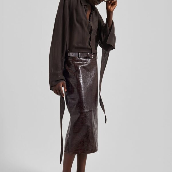 The Frankie Shop Taney Croc Leather Pencil Skirt – Dark Brown, view 2