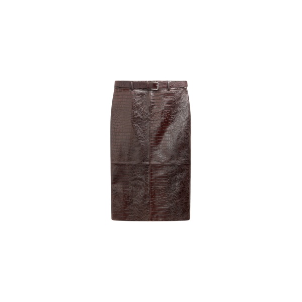 The Frankie Shop Taney Croc Leather Pencil Skirt - Dark Brown - Oversized Minimalist Skirts in Brown - Shop at Luxury Shoes 
