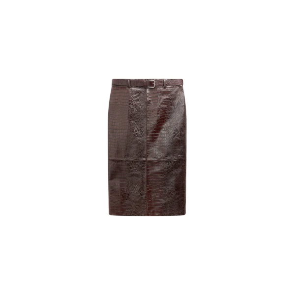 The Frankie Shop Taney Croc Leather Pencil Skirt - Dark Brown - Oversized Minimalist Skirts in Brown - Shop at Luxury Shoes 