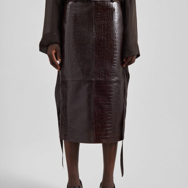 The Frankie Shop Taney Croc Leather Pencil Skirt – Dark Brown, view 3
