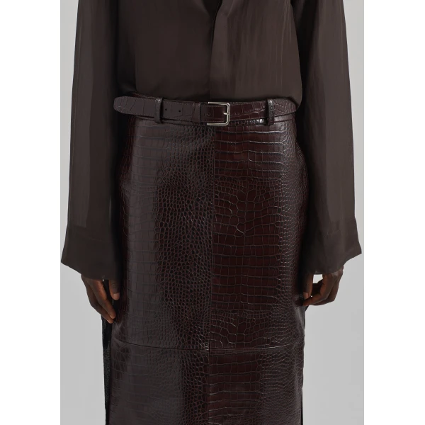 The Frankie Shop Taney Croc Leather Pencil Skirt - Dark Brown - Oversized Minimalist Skirts in Brown - Shop at Luxury Shoes 