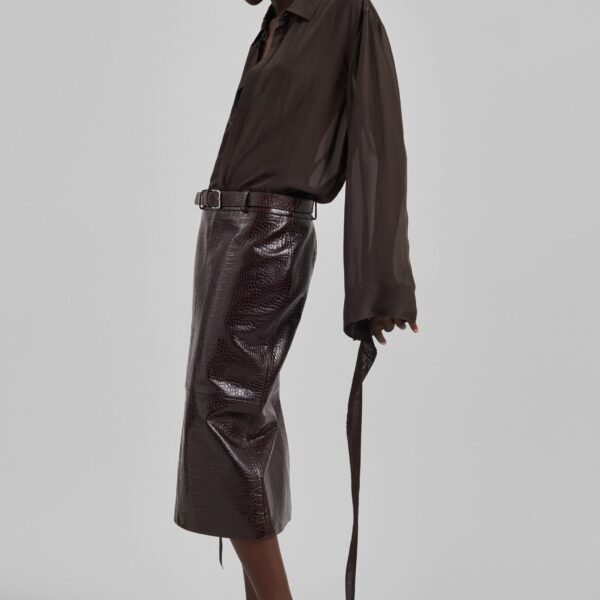 The Frankie Shop Taney Croc Leather Pencil Skirt – Dark Brown, view 5
