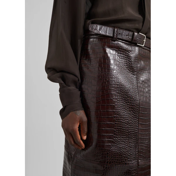 The Frankie Shop Taney Croc Leather Pencil Skirt - Dark Brown - Oversized Minimalist Skirts in Brown - Shop at Luxury Shoes 