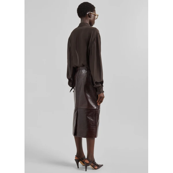 The Frankie Shop Taney Croc Leather Pencil Skirt - Dark Brown - Oversized Minimalist Skirts in Brown - Shop at Luxury Shoes 