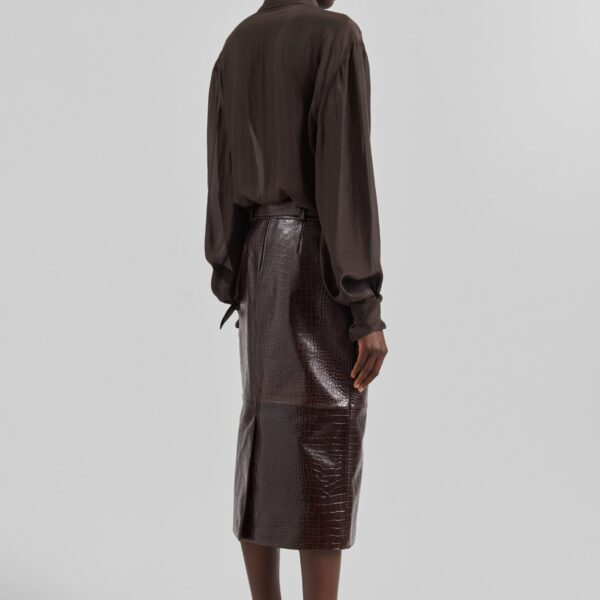 The Frankie Shop Taney Croc Leather Pencil Skirt – Dark Brown, view 7