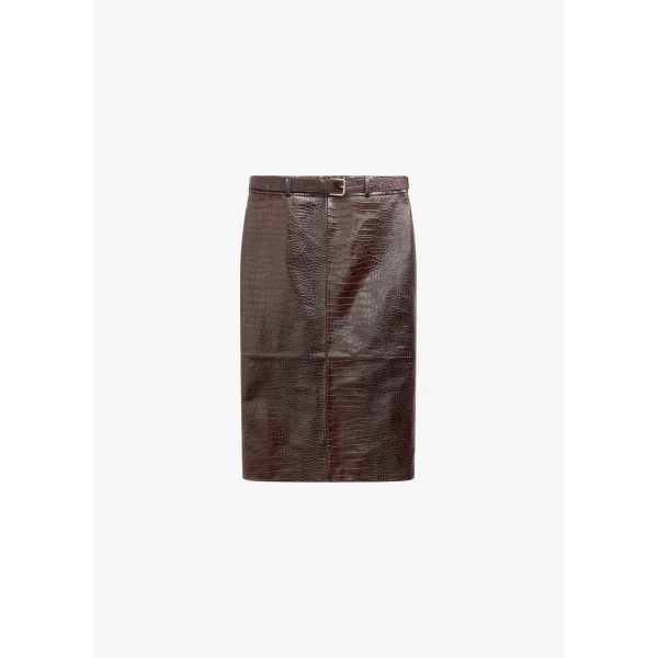 The Frankie Shop Taney Croc Leather Pencil Skirt - Dark Brown - Oversized Minimalist Skirts in Brown - Shop at Luxury Shoes 