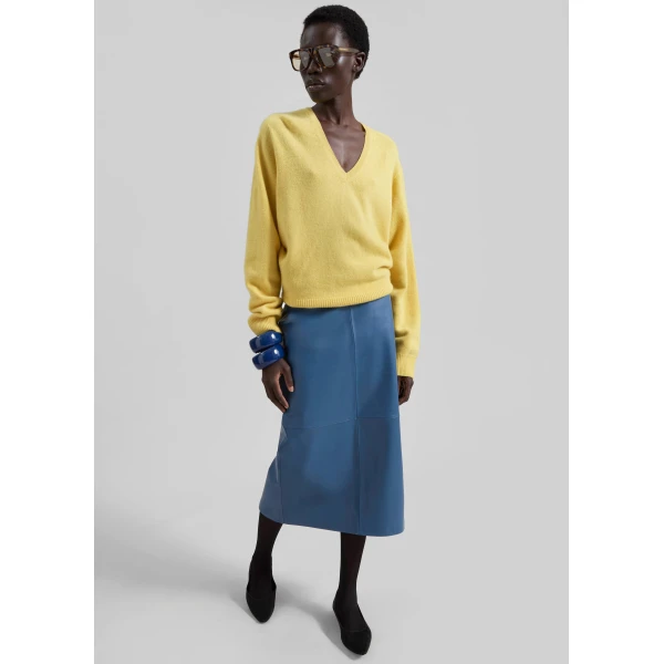 The Frankie Shop Taney Leather Midi Skirt - Cobalt - Oversized Minimalist Skirts in Blue - Shop at Luxury Shoes 