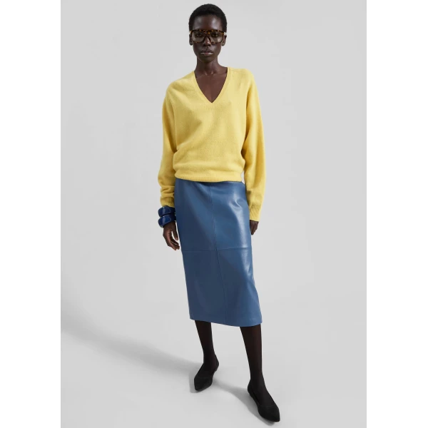The Frankie Shop Taney Leather Midi Skirt - Cobalt - Oversized Minimalist Skirts in Blue - Shop at Luxury Shoes 
