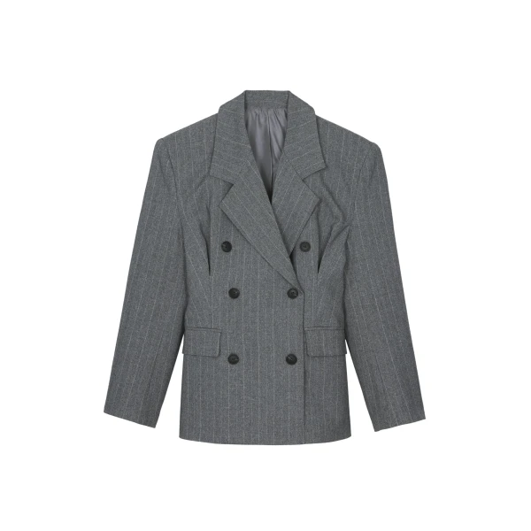 The Frankie Shop Tenby Striped Cinched Blazer - Grey Melange - Oversized Minimalist Jackets in Grey - Shop at Luxury Shoes 