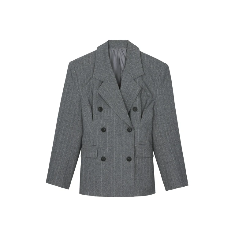 The Frankie Shop Tenby Striped Cinched Blazer - Grey Melange - Oversized Minimalist Jackets in Grey - Shop at Luxury Shoes 
