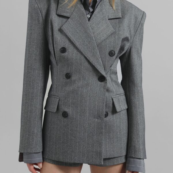The Frankie Shop Tenby Striped Cinched Blazer – Grey Melange, view 5