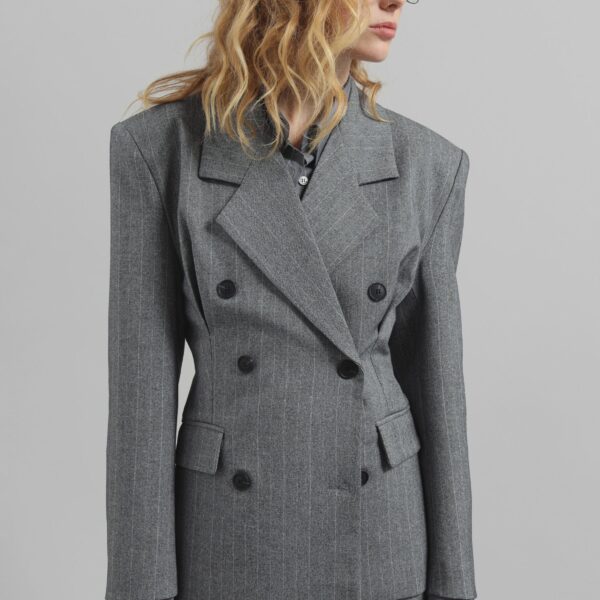 The Frankie Shop Tenby Striped Cinched Blazer – Grey Melange, view 6