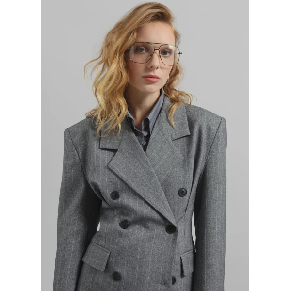 The Frankie Shop Tenby Striped Cinched Blazer - Grey Melange - Oversized Minimalist Jackets in Grey - Shop at Luxury Shoes 