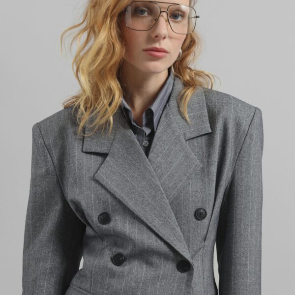 The Frankie Shop Tenby Striped Cinched Blazer – Grey Melange, view 8