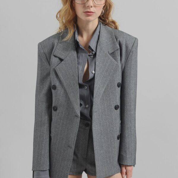 The Frankie Shop Tenby Striped Cinched Blazer – Grey Melange, view 9