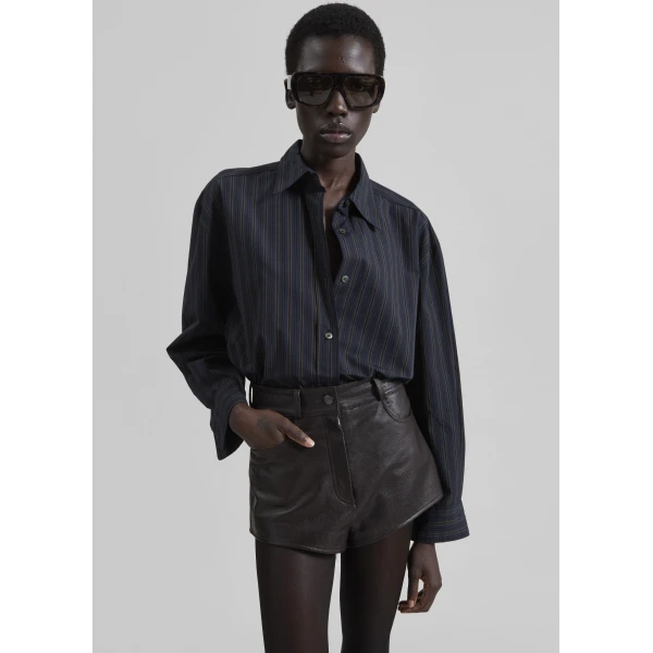 The Frankie Shop Toulon Shirt - Navy/Black Stripe - Oversized Minimalist Tops in Blue - Shop at Luxury Shoes 