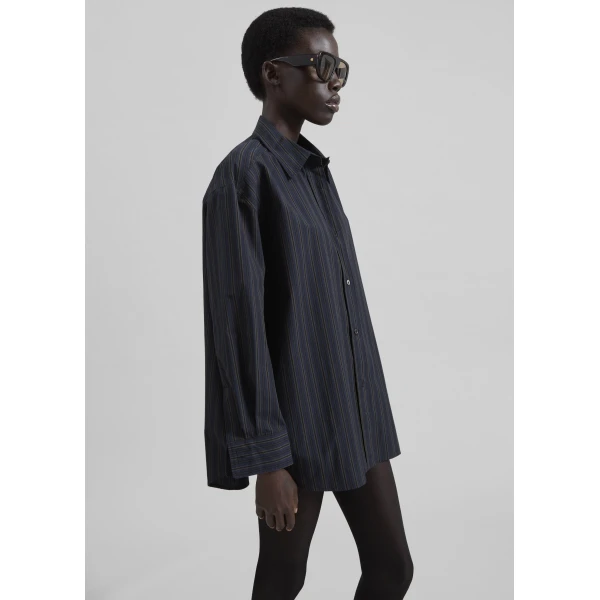 The Frankie Shop Toulon Shirt - Navy/Black Stripe - Oversized Minimalist Tops in Blue - Shop at Luxury Shoes 