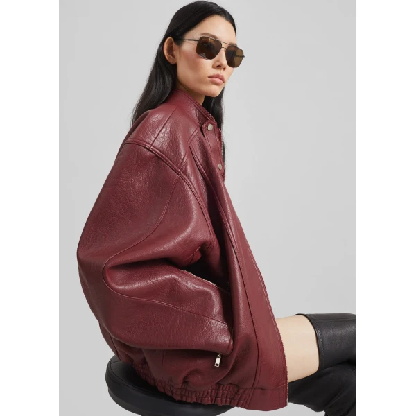 The Frankie Shop Troye Faux Leather Bomber Jacket - Burgundy - Oversized Minimalist Jackets in Red - Shop at Luxury Shoes 
