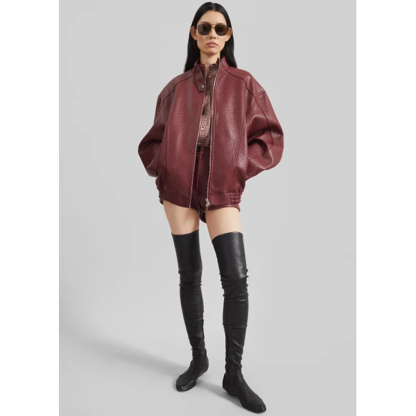 The Frankie Shop Troye Faux Leather Bomber Jacket - Burgundy - Oversized Minimalist Jackets in Red - Shop at Luxury Shoes 