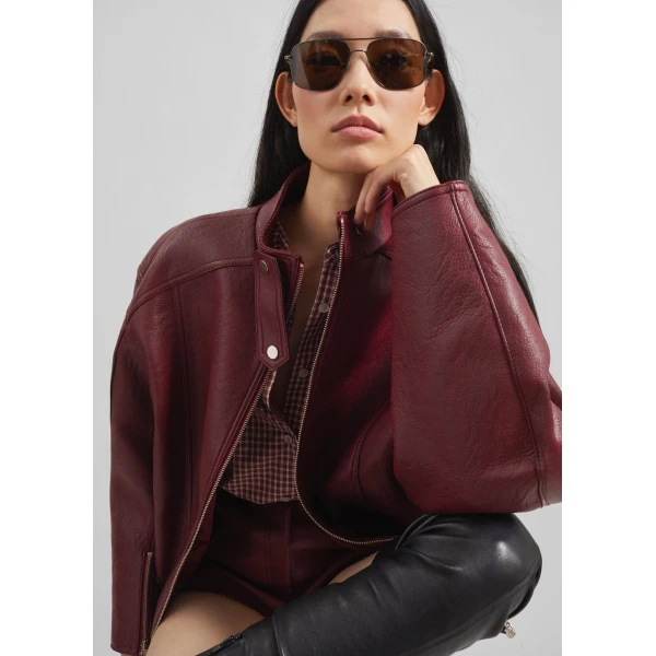 The Frankie Shop Troye Faux Leather Bomber Jacket - Burgundy - Oversized Minimalist Jackets in Red - Shop at Luxury Shoes 