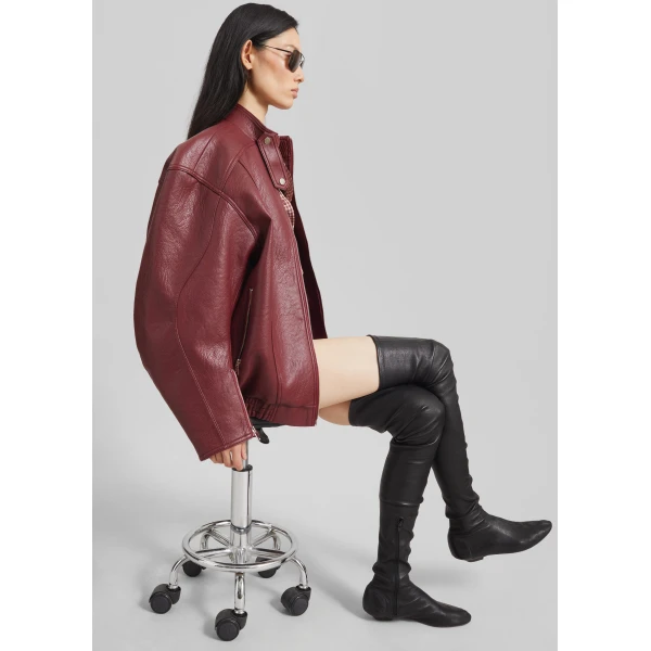 The Frankie Shop Troye Faux Leather Bomber Jacket - Burgundy - Oversized Minimalist Jackets in Red - Shop at Luxury Shoes 