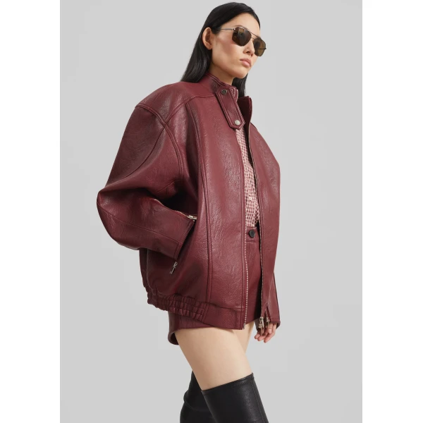 The Frankie Shop Troye Faux Leather Bomber Jacket - Burgundy - Oversized Minimalist Jackets in Red - Shop at Luxury Shoes 