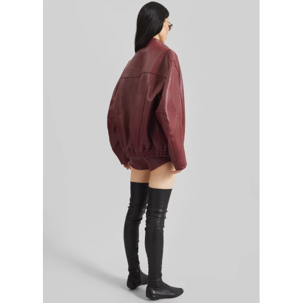 The Frankie Shop Troye Faux Leather Bomber Jacket - Burgundy - Oversized Minimalist Jackets in Red - Shop at Luxury Shoes 