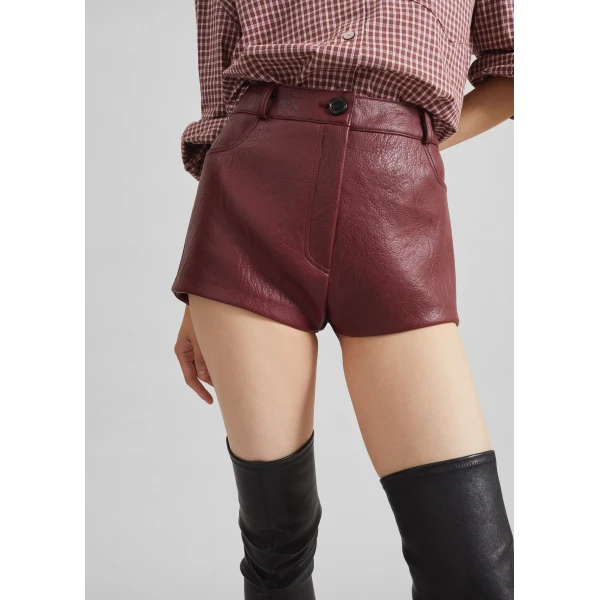 The Frankie Shop Troye Faux Leather Hot Pants - Burgundy - Oversized Minimalist Pants in Red - Shop at Luxury Shoes 