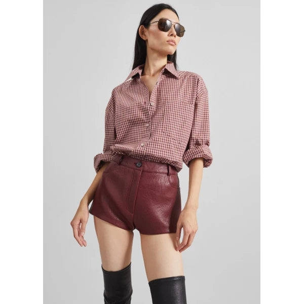 The Frankie Shop Troye Faux Leather Hot Pants - Burgundy - Oversized Minimalist Pants in Red - Shop at Luxury Shoes 