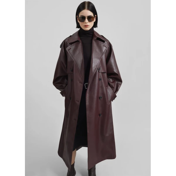 The Frankie Shop Vandve Faux Leather Trench - Burgundy - Oversized Minimalist Coats in Red - Shop at Luxury Shoes 