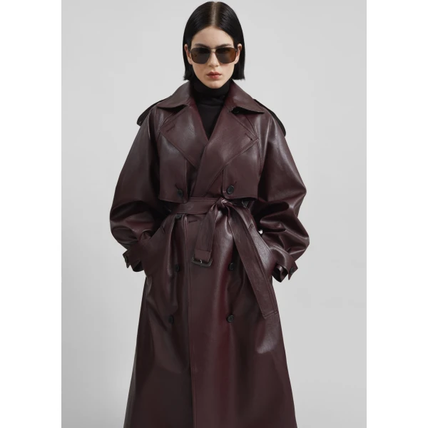 The Frankie Shop Vandve Faux Leather Trench - Burgundy - Oversized Minimalist Coats in Red - Shop at Luxury Shoes 