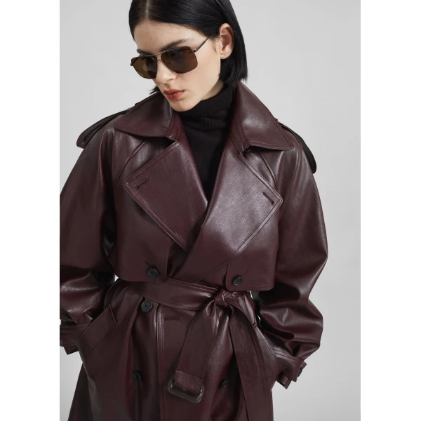 The Frankie Shop Vandve Faux Leather Trench - Burgundy - Oversized Minimalist Coats in Red - Shop at Luxury Shoes 