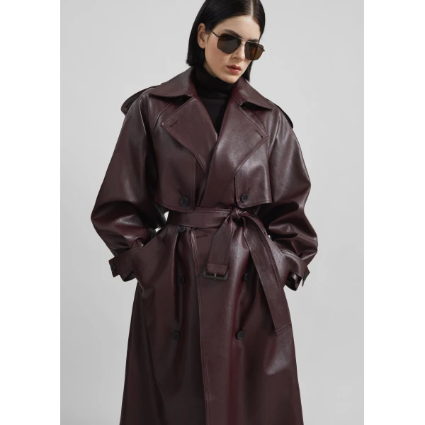 The Frankie Shop Vandve Faux Leather Trench - Burgundy - Oversized Minimalist Coats in Red - Shop at Luxury Shoes 
