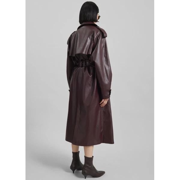 The Frankie Shop Vandve Faux Leather Trench - Burgundy - Oversized Minimalist Coats in Red - Shop at Luxury Shoes 