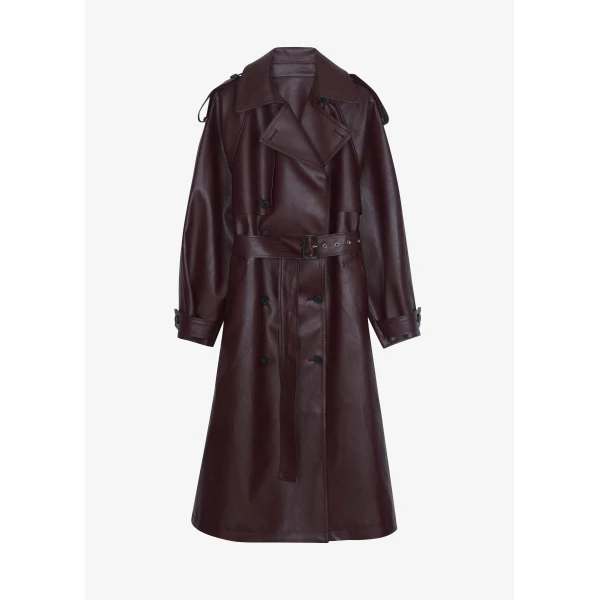 The Frankie Shop Vandve Faux Leather Trench - Burgundy - Oversized Minimalist Coats in Red - Shop at Luxury Shoes 